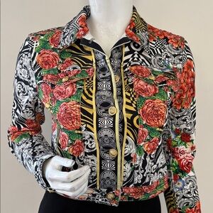 Vintage Versus Versace Floral & Geometric Multicolor Pattern Cropped Jean Jacket